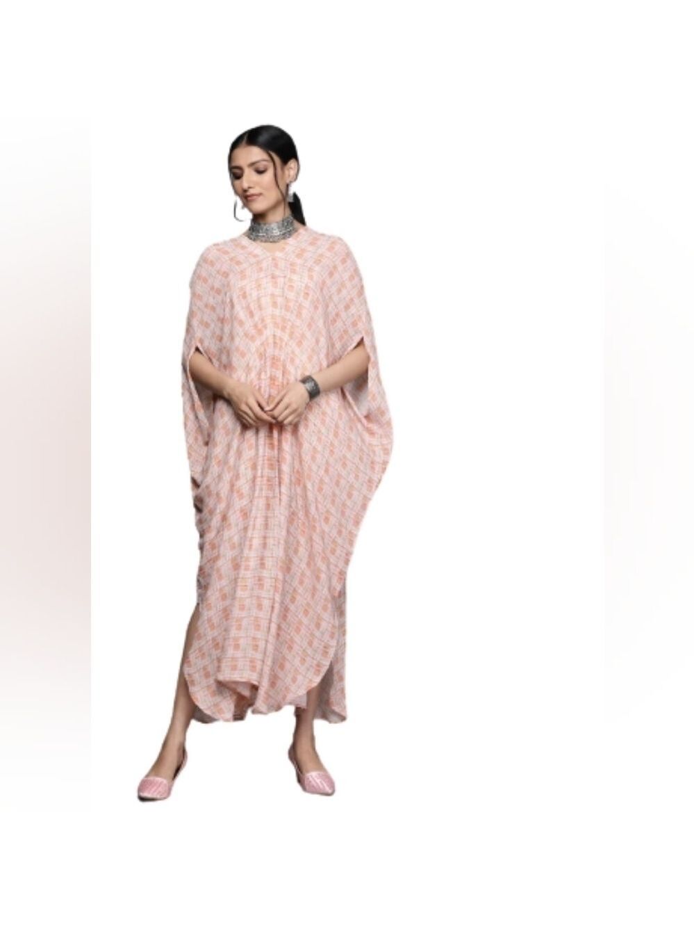 Libas v neckline printed georgette kaftan maxi dress size medium